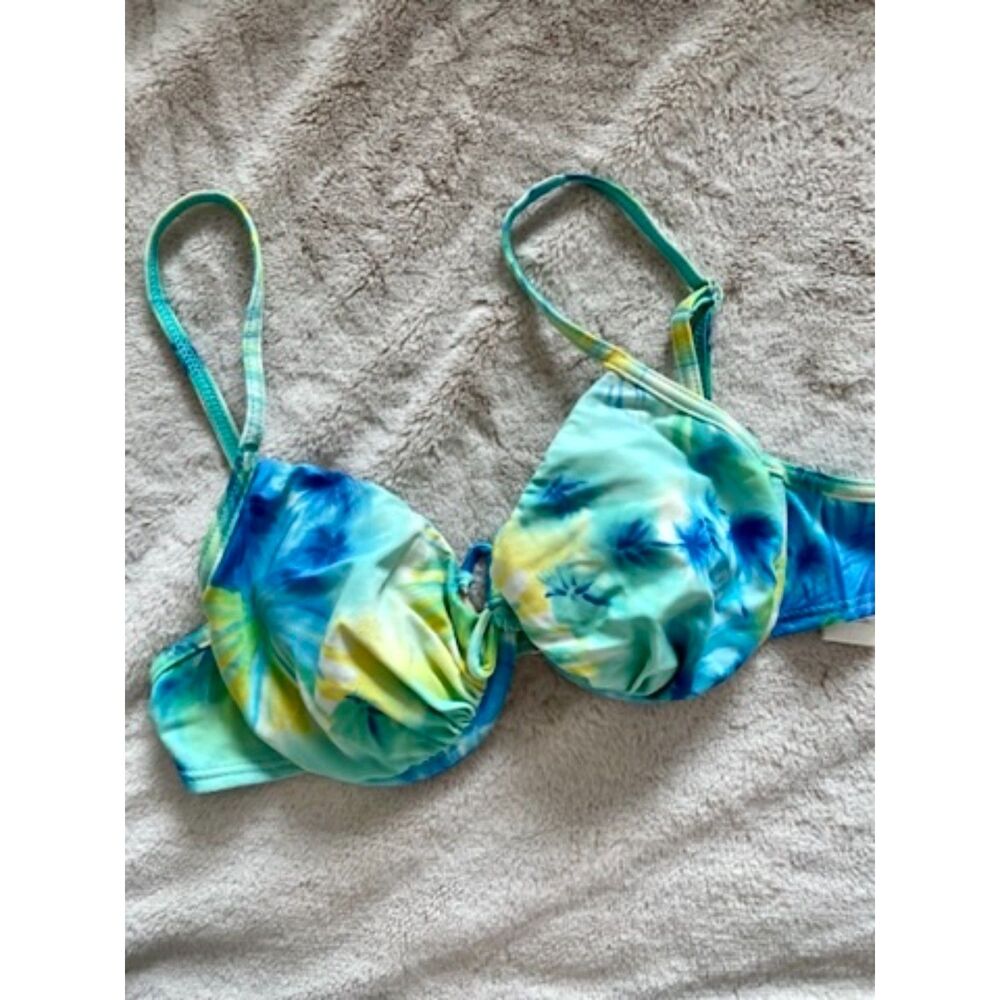 Vintage Blue Tropical Bikini Top Y2K Underwire Size S 2000s Summer Adjustable